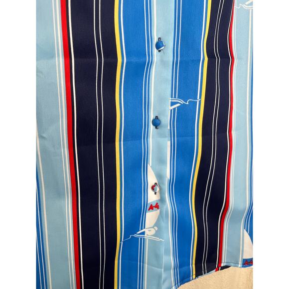 1970s Lady Arrow Nautical Stripe Patriotic Coastal Sailboat Open Collar Shirt M - Picture 3 of 5